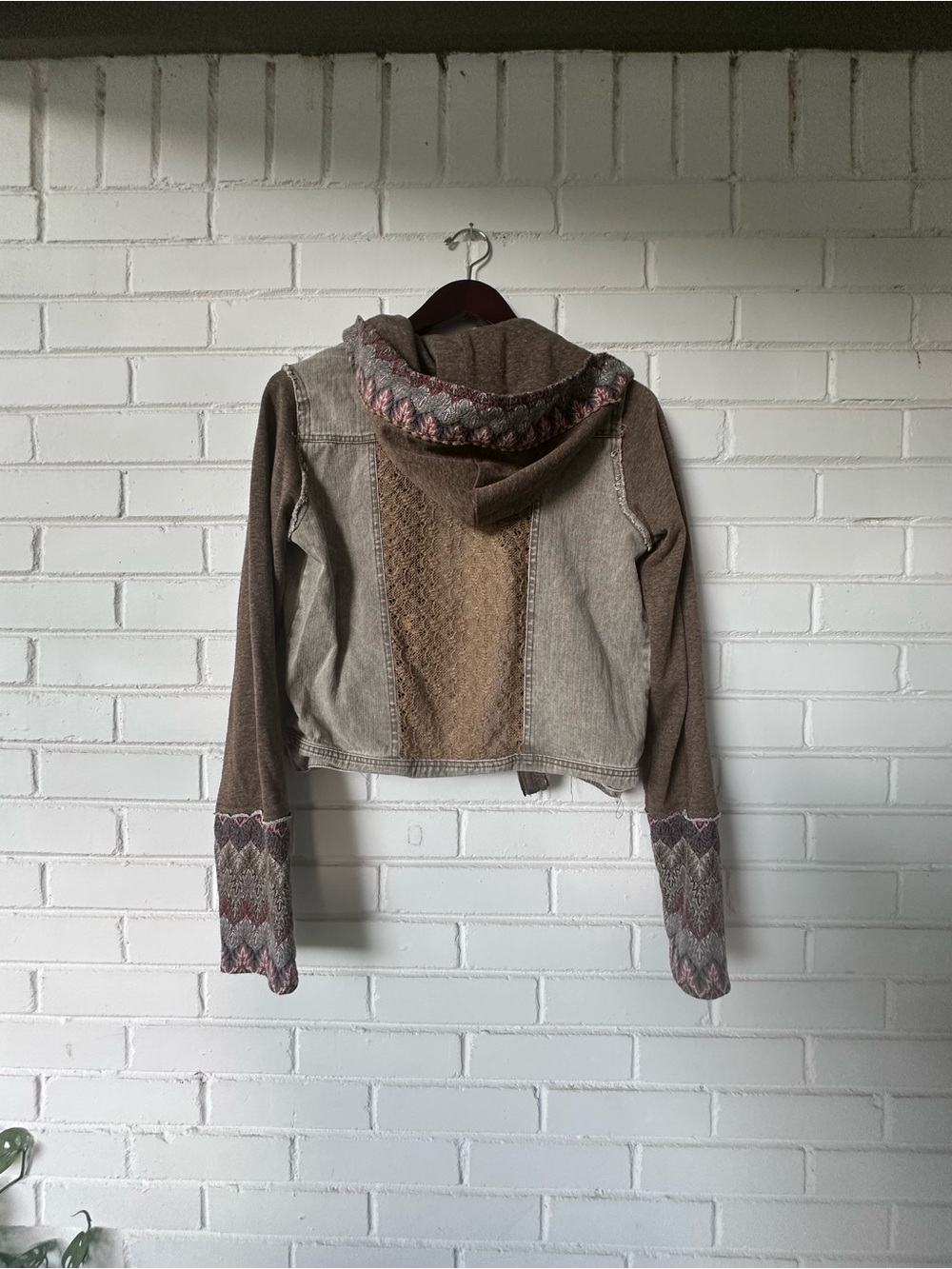 Miss Me Green Denim Mixed Media Jacket Large Sweatshirt Sleeve Patterned - Picture 8 of 9